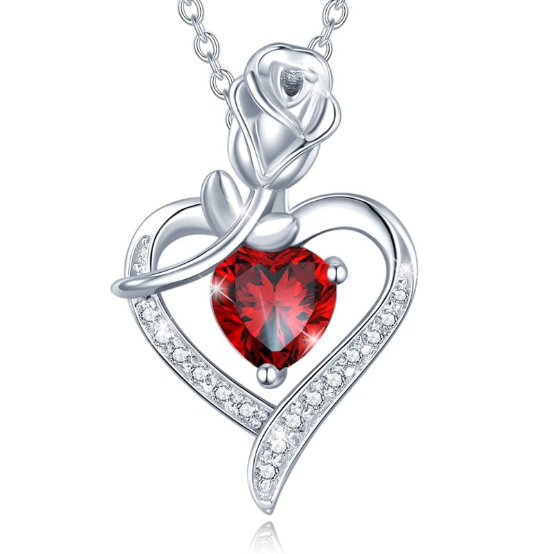 AGVANA January Birthstone Jewelry Garnet Necklace for Women Sterling Silver Rose Flower Heart Pendant Necklace Fine Jewelry Anniversary Birthday Gifts for Women Mom Wife Lady Her - Image 1